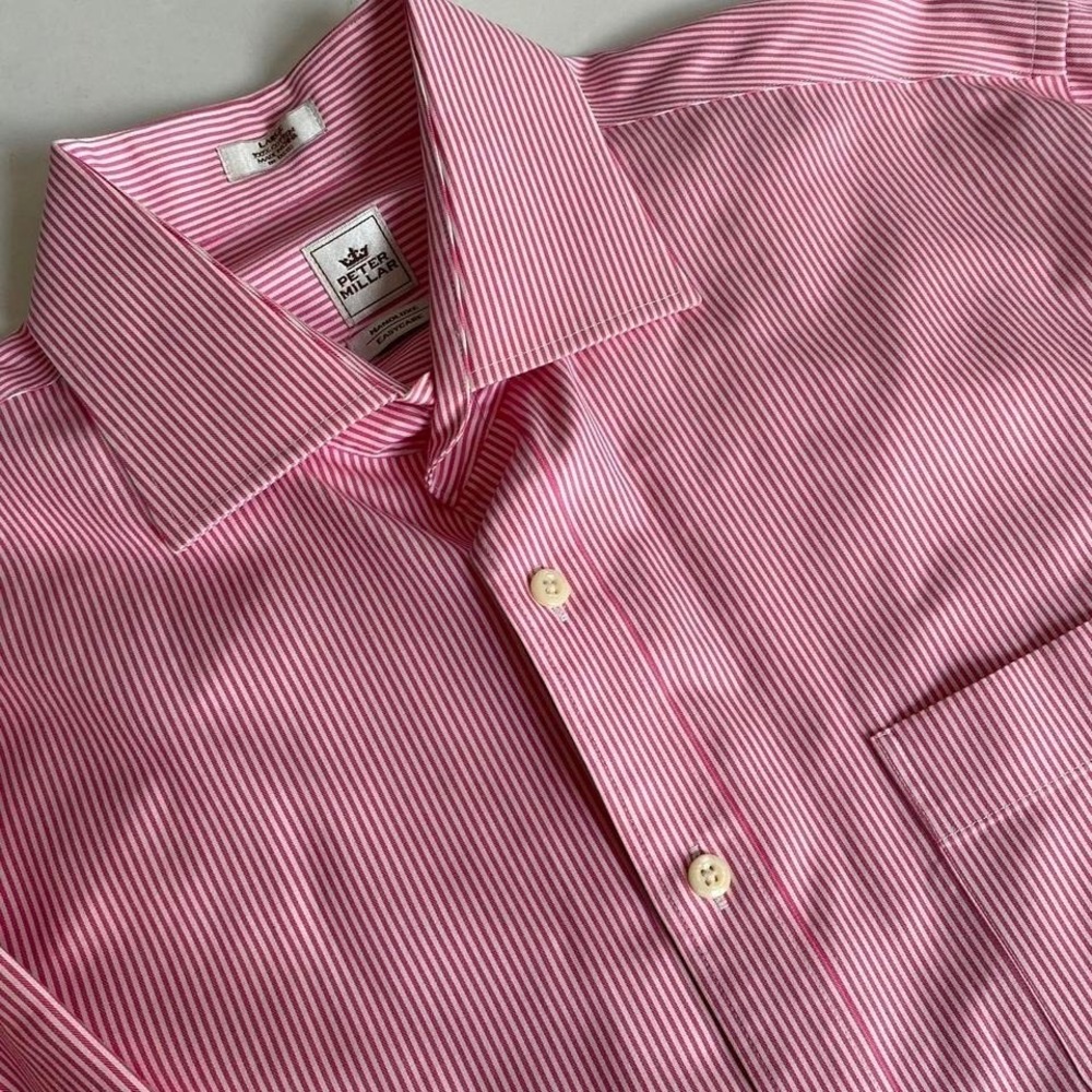 Peter Millar Crown Nano Luxe Men's Large Pink White Stripe Dress Shirt Button up